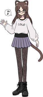 Anime-style character with cat ears, glasses, a long-sleeve
    shirt with illegible text, pleated skirt, patterned tights, boots,
    and a cat tail, waving with a musical note symbol near the head.